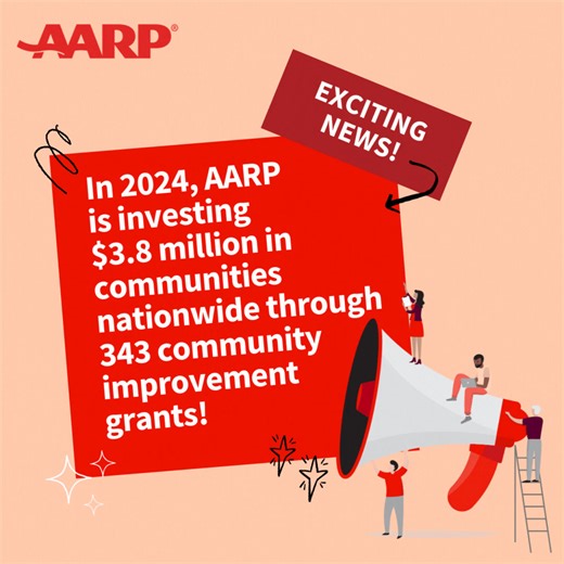 📢Announcing the 2024 AARP Community Challenge grantees! AARP is proud to invest $3.8 million through 343 grants across all 50 states, Washington, D.C., Puerto Rico & the U.S. Virgin Islands. 👉 See all of this year’s grantees and their projects here: http://spr.ly/6182gmgdK 🎥And join us later today at 2 p.m. ET for the 𝙇𝙞𝙫𝙚 𝙂𝙧𝙖𝙣𝙩𝙚𝙚 𝘼𝙣𝙣𝙤𝙪𝙣𝙘𝙚𝙢𝙚𝙣𝙩 𝙀𝙫𝙚𝙣𝙩 to learn more about this year’s funded projects, hear interviews with grantees, and more! https://www.youtube.com/liv