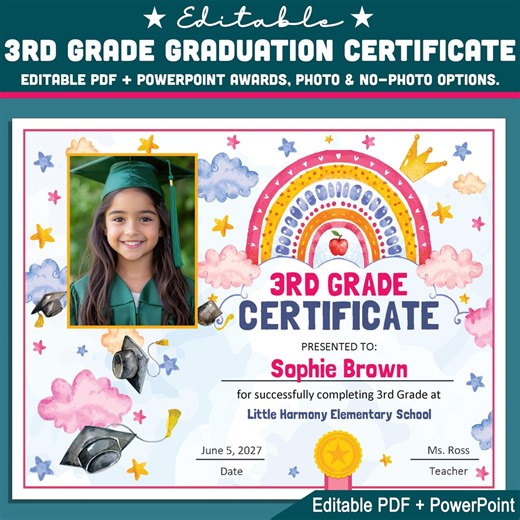 3rd Grade Completion Certificate, Editable Graduation Awards for Ceremony Day, Printable Keepsake Set With Photo & No Photo, PDF Powerpoint - Etsy