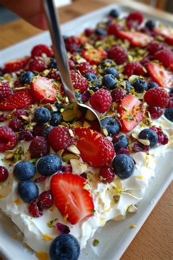 Frozen Yogurt Bark with Berries Ingredients: Yogurt Base 2 cups (500 g) plain Greek yogurt (full fat or low fat) 2 tablespoons honey or maple syrup 1 teaspoon pure vanilla extract Toppings 1/2 cup (75 g) fresh blueberries 1/2 cup (75 g) fresh raspberries 1/2 cup (75 g) sliced strawberries 2 tablespoons chopped pistachios or almonds (optional) 1 tablespoon shredded coconut (optional) Zest of 1 lemon (optional) Instructions: Prepare the baking sheet: Line a baking sheet (approx. 9x13 inches or sim