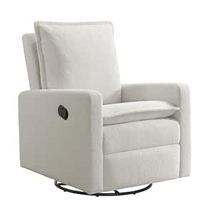 Oxford Baby Uptown Manual Upholstered Glider Recliner Rocking Chair 360° Swivel for Nursery and Living Room – Boucle White