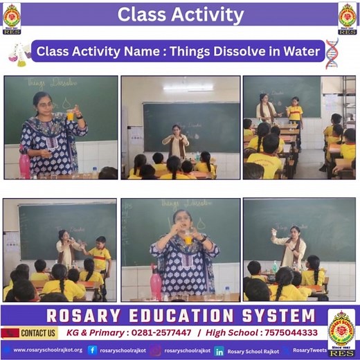 Co-curricular activity at #rosaryschoolrajkot: Subject: Environment Activity Name: Things Dissolve in Water Purpose of Activity: The purpose of this activity is to help students understand how different substances such as salt, sugar, turmeric, soap water, oil, flour, sherbet, lemon juice, dal, and baking soda behave when mixed with water. Students will observe which substances dissolve completely, partially, or do not dissolve at all, and how some of them change the color of the water. Guided b