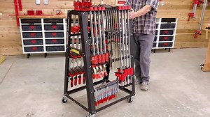 Roll all your clamps right up next to your work with Woodpeckers new Clamp Cart. The A-frame design holds up to 50 clamps of various sizes and styles – from 4' bar clamps to 4" C-clamps. The formed steel cross-struts bolt solidly to the frame, eliminating rack. We use heavier gauge steel than any competitive clamp cart, then apply a tough powder-coat finish instead of a thin film of spray paint. The heavy-duty casters far exceed the capacity needed for a rack full of the heaviest clamps. One pai