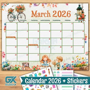 March 2026 Calendar Spring Theme, Floral Printable Monthly Planner With Bicycle and Kids Illustration, Cute Editable Template for Office - Etsy