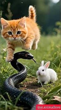 Kitten & Mama Cat Save a White Bunny rabbit from a Black Snake!🐇🐍💪#bunnyrescue #momcat #mamacat