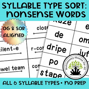 Syllable Sort with Nonsense Words-All 6 Syllable Types-OG & SOR Aligned