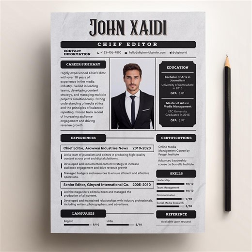 Chief Editor Resume | Black White Professional CV | Editable Word Canva Template - Etsy