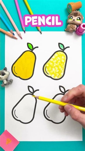 Colorindo peras de 4 jeitos 🎨 Canetinha, carimbo, lápis e pastel oleoso