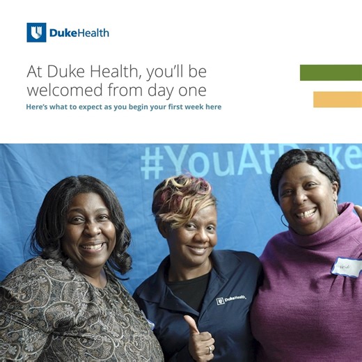 When you join Duke Health, you are welcomed into a culture of support. See how we set new team members up for a successful first week and beyond. Apply online to join this close-knit team https://duke.is/r/qv6z #YouAtDukeHealth | Duke Health
