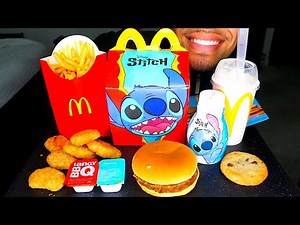 ASMR MCDONALD'S STITCH HAPPY MEAL CHICKEN NUGGETS BURGER OREO MCFLURRY COOKIE TOY TALKING REVIEW