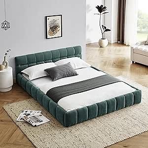 Queen Grounded Bed Frame with Headboard, Cute Puff Grid Pattern Chenille Upholstered Platform Floor Bed with Sturdy Slats, No Box Spring Needed, Easy Assembly, Moss Green