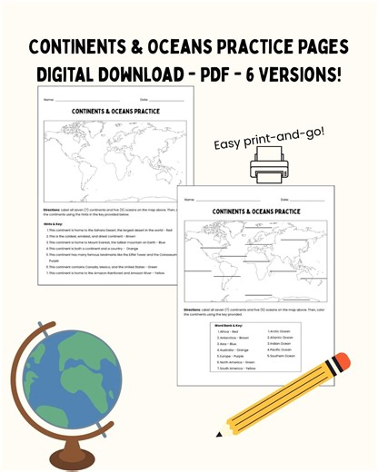 Continents and Oceans Worksheet | Geography Practice (PDF) - Etsy