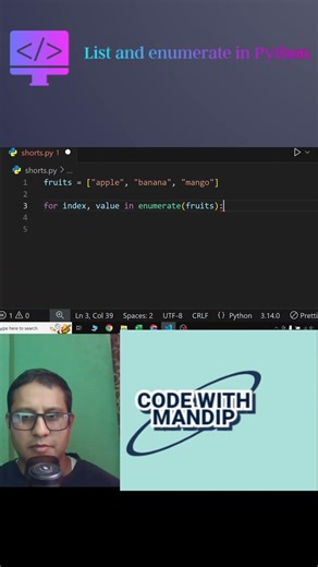 How to enumerate list is python? #codewithmandip #pythonclass #pythonforbeginners #learncoding
