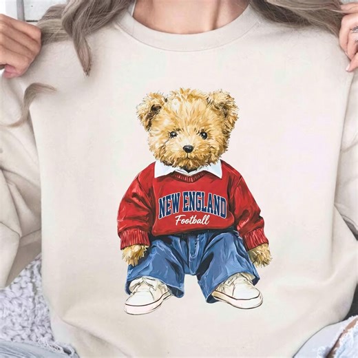 New England Football Teddy Bear Shirt, Preppy Sports Bear Sweatshirt, Collegiate Football Fan Gift, Game Day Apparel, Sporty Bear Top - Etsy