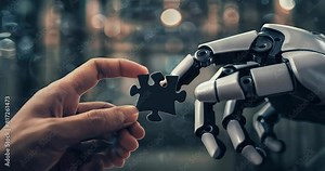 A puzzle piece becomes a symbol of human-robot cooperation, as hands of flesh and metal solve it together. Robotic relationships