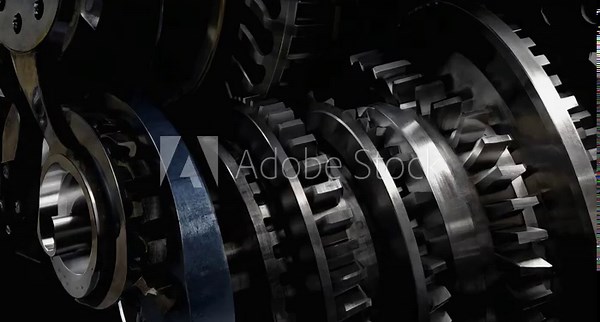 Industrial gears turning, metal cogs rotating in a dark setting, mechanical engineering process, complex machine mechanism, teamwork