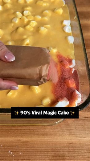 This cake is pure magic! 🪄 A favorite in the 90s, this layered dump cake plays a trick by inverting the ingredients while in the oven, and the result is a delicious cake that gives strawberry shortcake vibes. 🍓 To make it, the key is not to mix everything together, but instead, layer marshmallows, a prepared box of yellow cake mix, a packet of Jell-O, and frozen strawberries, then pop it into the oven until the top is golden brown. 🎂 Tap the link in @allrecipes bio to learn more. ✨ Inspo: mom