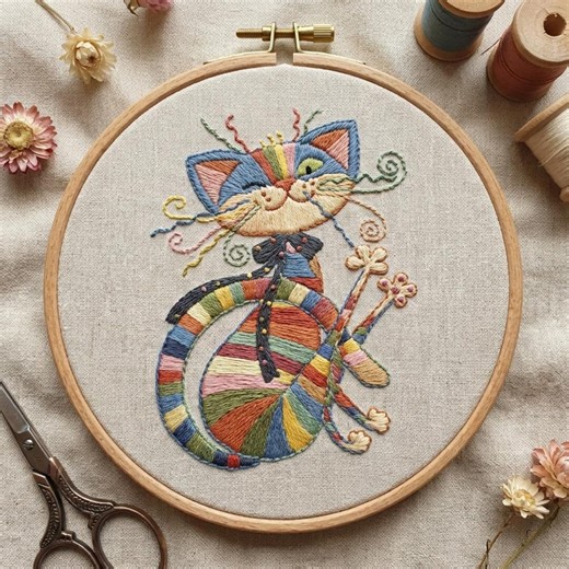 Whimsical Rainbow Cat Embroidery Kit - Vibrant DIY Folk Art Craft - Etsy