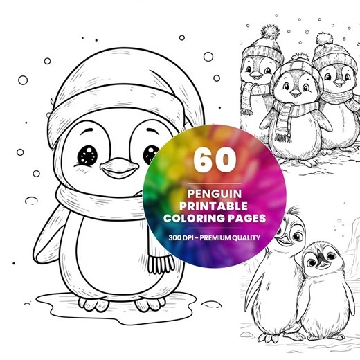 60 Penguin Coloring Pages, Winter Animals Line Art (PDF Download - Etsy
