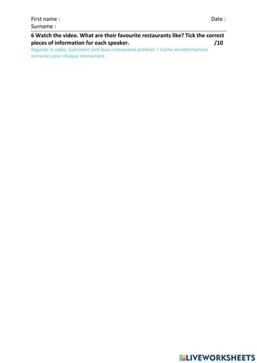 Video favourite restaurant worksheet