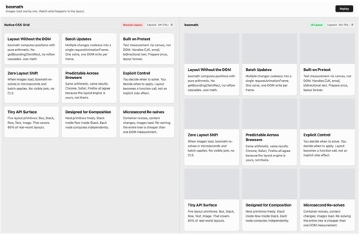 Your browser re-layouts the entire page every time an image loads.So what if the layout engine was just math?Left: native CSS Grid. Images load one by one without preset dimensions. Each one triggers a cascade of layout shifts. Red outlines = every element that moved.Right: boxmath, a pure JS layout engine I built this morning. Same images, same timing. Positions are pre-computed with arithmetic, applied in one batch write. Nothing moves. Zero layout shifts.Inspired by @_chenglou's pretext (http