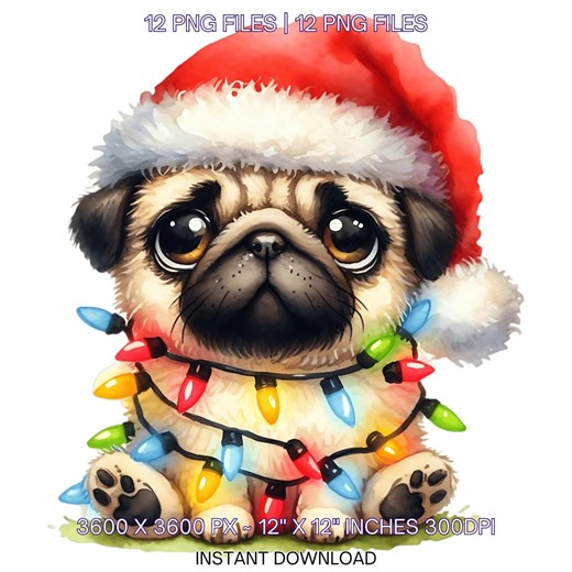 12 Pug Puppy Dog With Santa Hat and Christmas Lights Clip Art PNG | Quirky Whimsical Pug Dog Sublimation Scrapbooking - Etsy