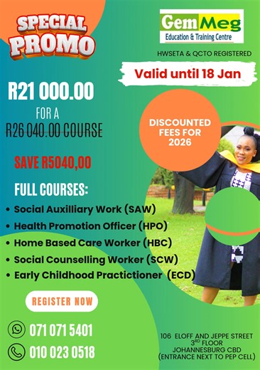 2025 PRICE IS BACK: Register NOW for the full accredited courses under the Quality Council for Trades and Occupations (QCTO). - NQF Levels start at NQF Level 3, entry certificate is Grade 9 or 10 report or experience - NQF Level 5 courses - entry is Grade 12 or equivalent Talk to us now for Career Guidance on WhatsApp 071 071 5401 We are situated at 106 Eloff Street, Johannesburg, Cnr Jeppe and Eloff Streets (Not far from MTN-Noord Taxi Rank, Bree Taxi Rank, Gandhi Square or Park Station) | Gem-