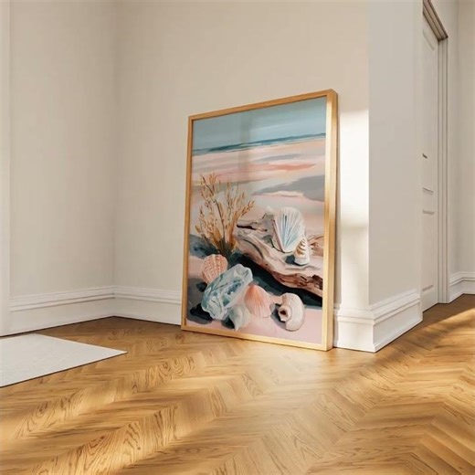 Coastal Shell Wall Art – Soft Blue & Pink Beach Print for Calm Spaces