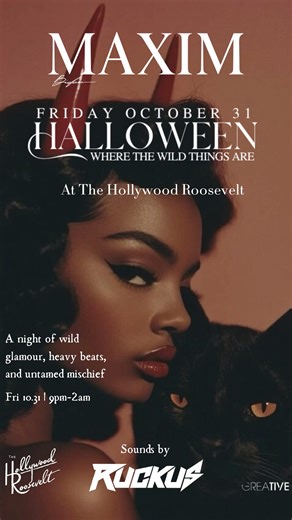 Where the Wild Things Are — a Maxim’s x The Hollywood Roosevelt Halloween affair. This 10.31, step into a world of fashion, fantasy, and sound, featuring DJ Ruckus. Make it a night to remember with our Halloween Room Package — includes a room, discounted valet, and two party tickets, starting at $369. Link in bio. | The Hollywood Roosevelt