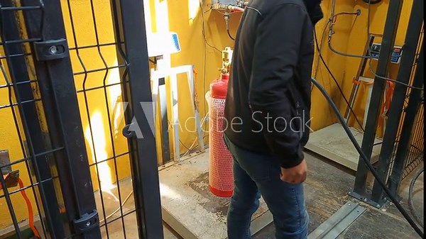 Technician performing safety inspection and weighing procedure of FM200 fire suppression cylinder in industrial facility following safety protocol.