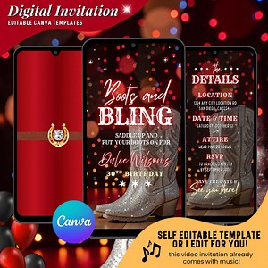 Red Boots and Bling Birthday Video Invitation, Cowgirl Party Evite (editable Canva Template) - Etsy