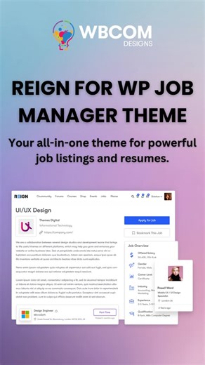 Wbcom Designs on Instagram: "Build a powerful job marketplace—no coding needed! 💼✨ Reign for WP Job Manager Theme helps you create modern job boards, resume portals & career networks that scale effortlessly. Perfect for any hiring niche! 🔗 https://bit.ly/2q0VFAy #WPJobManager #JobBoard #WordPressThemes #RecruitmentSite #WbcomDesigns"