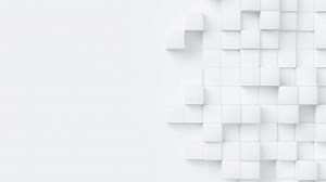 White cubes with random size move and grow loop. A place for text on the left. Abstract 3d render geometrical concept background.