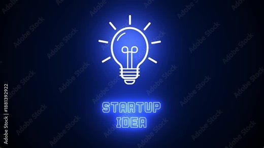 Startup idea text with blue glowing neon light bulb on dark background, representing new venture planning, innovation and entrepreneurial growth