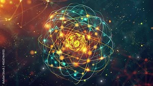 Abstract background with an atom. Atom structure with glowing particles on dark background. Background Microscopic atomic particle system. Atomic structure. Science.