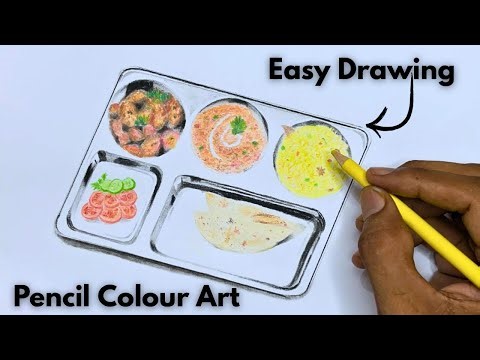 Realistic Indian Thali Drawing | Step by Step with Color Pencils