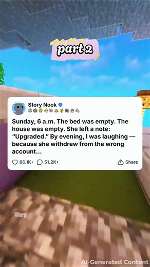 Sunday, 6 a.m. The bed was empty. The house was empty. She left a note: “Upgraded.” By evening, I was laughing —because she withdrew from the wrong account...part2…
