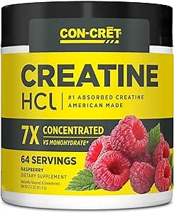 CON-CRET Creatine HCl Powder | Muscle, Cognitive, Cellular Energy Support | No Bloating or Cramps | USA Made & NSF Certified | Raspberry (64 Serving)