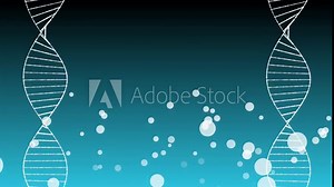 Digital animation of DNA and RNA rotating on the screen with particles rising across the screen. DNA video for medicine and science. Digital composite for scientific and biological film end credits