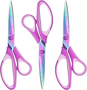 8.5" Scissors All Purpose, Multipurpose Office Scissors Set of 3 Pack, Titanium Coating Sharp Blade, Soft Comfort-Grip, Ideal for Fabric, School, Home, Craft & Sewing, Right/Left Handed, Purple