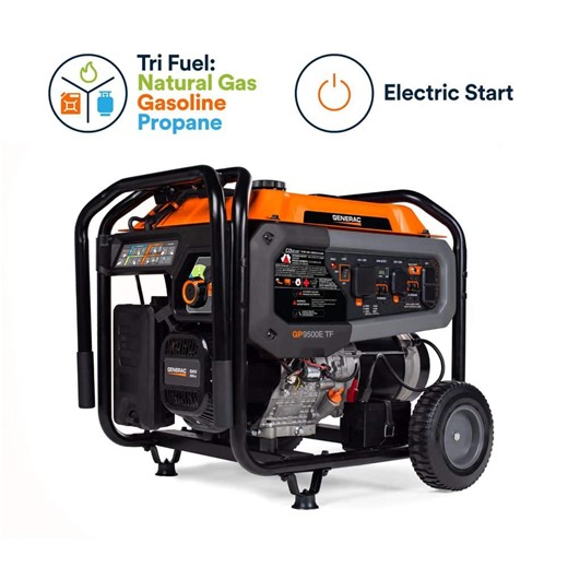 Check The Home Depot's Q&A Before Buying: Generac 12500/9500-Watt Tri-Fuel Portable Generator, Easy-To-Use Electric Start, Wheel and Handle Kit Included