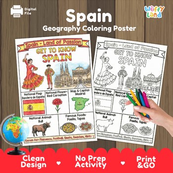 Spain Country Study | Geography Coloring Poster | Hispanic Heritage Month | Euro