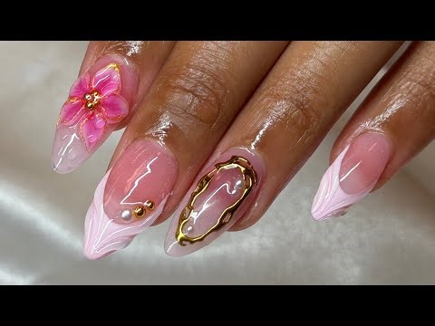 🌺 Spring Nails-PINK ACRYLIC FRENCH SET with Gold Chrome & 3D Flowers| Acrylic Nails Tutorial