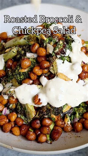 Caitlin Latessa-Greene on Instagram: "ROASTED BROCCOLI & CHICKPEA SALAD WITH TAHINI-PARMESAN DRESSING! Soooo flavorful, & super easy to make 👊 • For the broccoli & salad: 2 large heads broccoli, chopped 2 1/2 tbsp olive oil 1/2 tsp salt 1/2 tsp garlic powder 1/2 tsp dried oregano 1/2 cup chopped dates 1/2 cup chopped cashews 1/2 cup chopped cilantro 1/2 cup finely chopped red onion • Fore the chickpeas: 1 15-oz can chickpeas, rinsed and drained 1/2 tbsp olive oil 1/2 tbsp maple syrup 1/2 tsp sa