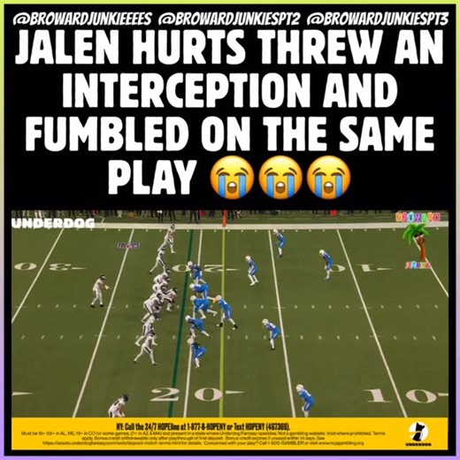 RAP NEWS/ VIRAL CONTENT/ MEDIA on Instagram: "Jalen Hurts gets intercepted and fumbles all in one play 🤦🏾‍♂️ Wonder what his projected stats would be like in the future: 🎯 Play $5, Get $75 in bonus funds or bonus entries when you sign up on @underdogfantasy using code “BROWARD” ! #UdPartner 💰#fyp #trending #reels #nfl"
