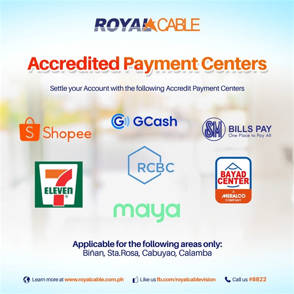 With our online bill payment service, paying your bills has never been this easy. You can make a safe and convenient payment transaction using the following accredited payment centers. This lets you pay your bills quickly and easily in just a few simple steps. • Shopee Pay • SM Bills Pay • RCBC Online • Bayad Center • PayMaya • GCash • 7 Eleven Please note that there are some of these payment centers post payments in real time, while others take three or more working days after the payment date.