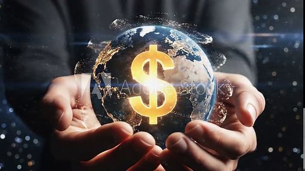 Hands hold glowing world globe with dollar sign global economy finance investment concept