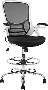 HYLONE Drafting Chair, Tall Office Chair Mesh Standing Desk Stool with Adjustable Foot Ring, Flip-Up Arms, White & Black