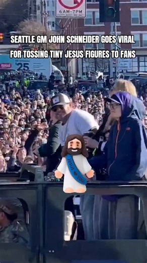 JESUS LOVES YOU: That's the message Seahawks GM John Schneider shared by tossing tiny Jesus figures to fans in Seattle after winning the Super Bowl! 🙌 Can we all agree, everyone needs a little Jesus? (also, we need a Jesus emoji) | Caleb Parke