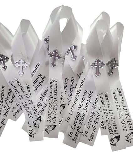 Amy's Bubbling Boutique 20 Personalized Memorial Service Ribbon Pins for Funeral Celebration of Life Name & Dates - Custom Ribbon Made Assembled Awareness