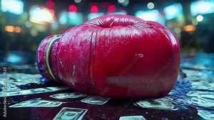 Close-up of a red boxing glove striking with water splashing around, symbolizing strength, impact, and sports energy
